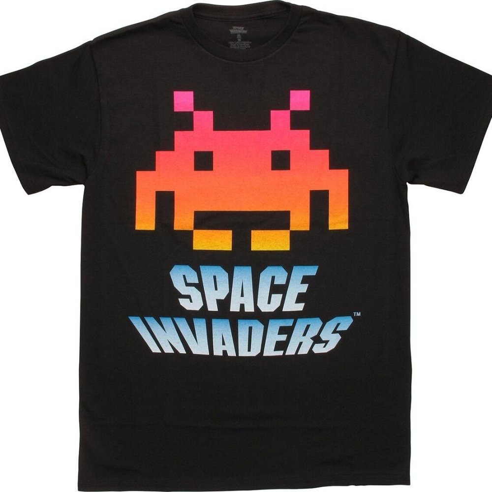 Space Invaders Mens Atari Arcade Pixelated Alien Retro Graphic Black Shirt New